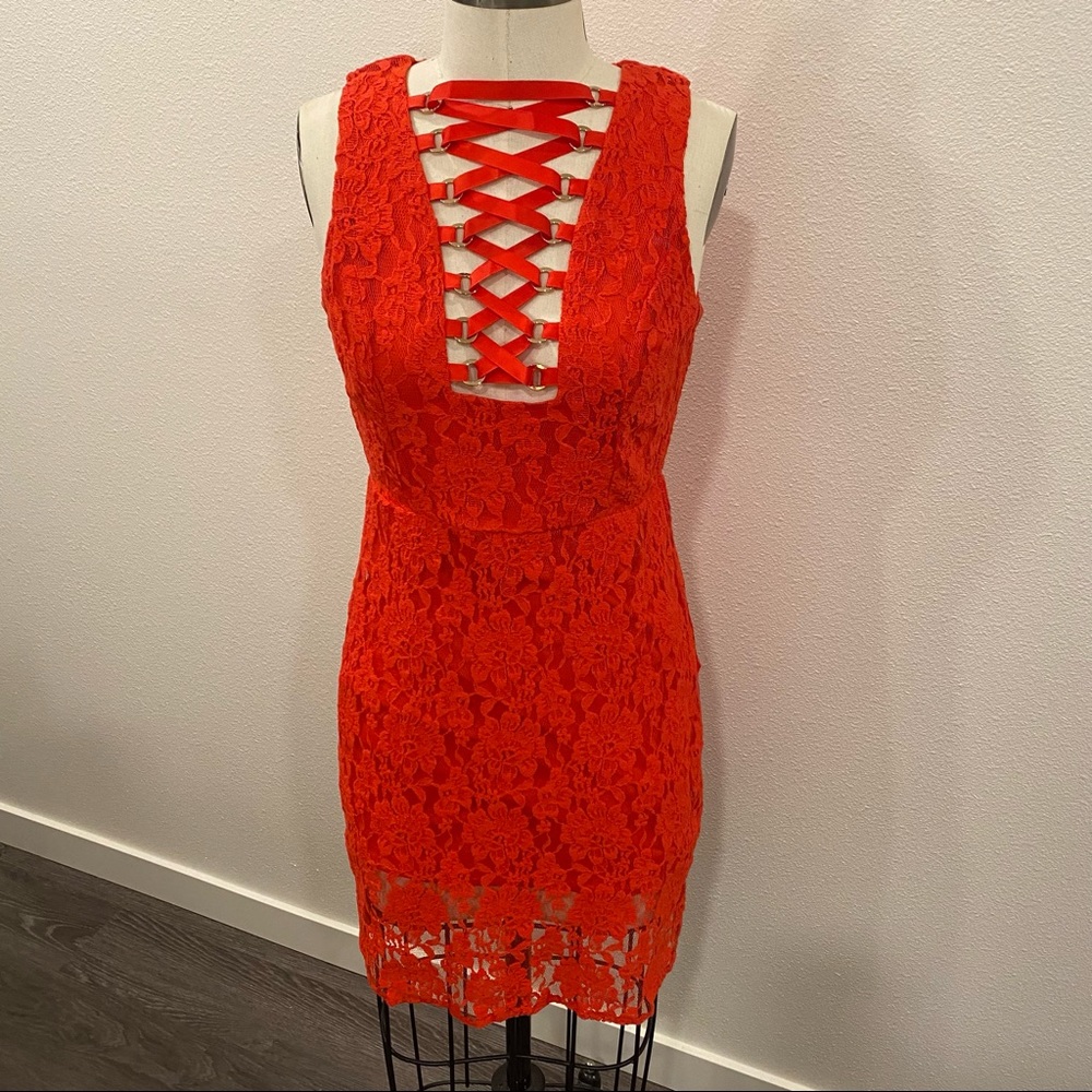 Red lace dress lace up chest size S